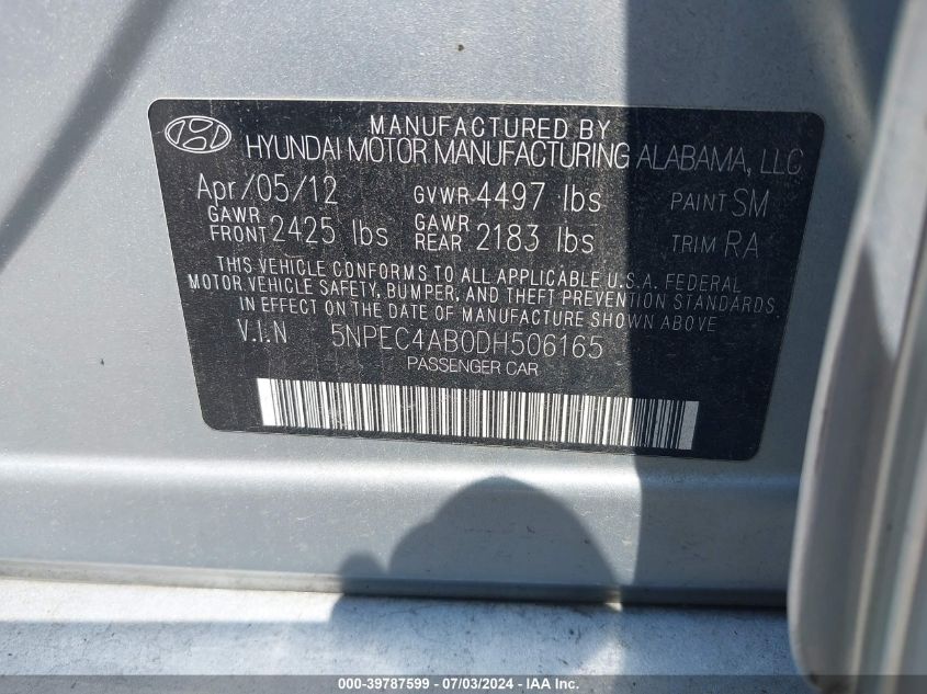 2013 Hyundai Sonata Se 2.0T VIN: 5NPEC4AB0DH506165 Lot: 39787599