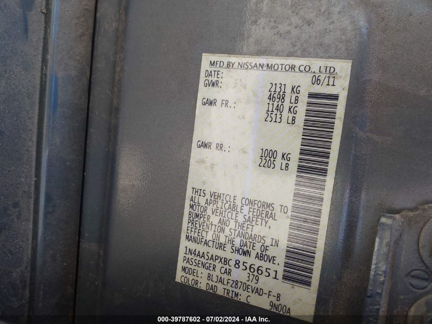 2011 Nissan Maxima 3.5 Sv VIN: 1N4AA5APXBC856651 Lot: 39787602