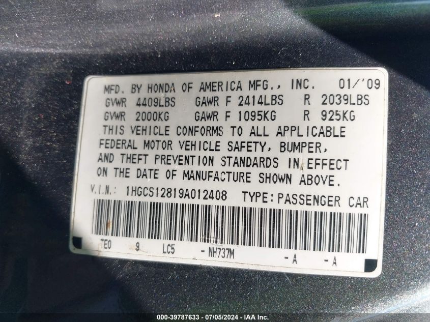 2009 Honda Accord 2.4 Ex-L VIN: 1HGCS12819A012408 Lot: 39787633