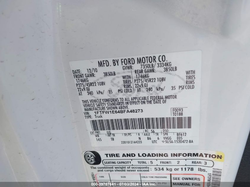 2011 Ford F150 Supercrew VIN: 1FTFW1E64BFA48273 Lot: 39787641