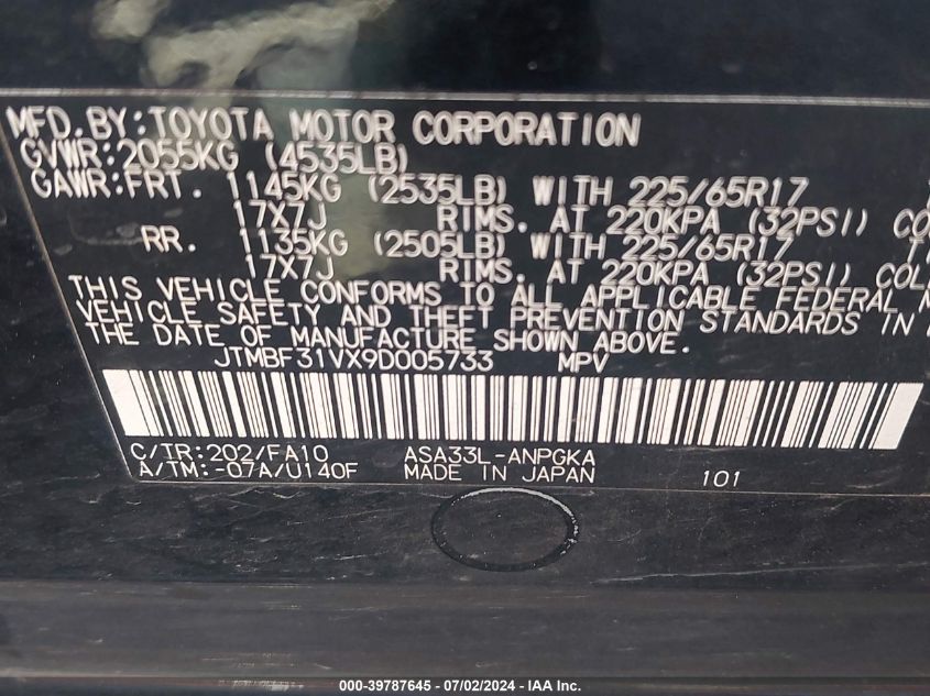 2009 Toyota Rav4 Limited VIN: JTMBF31VX9D005733 Lot: 39787645