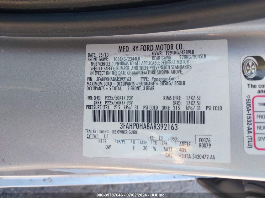 2010 Ford Fusion Se VIN: 3FAHP0HA8AR392163 Lot: 39787646