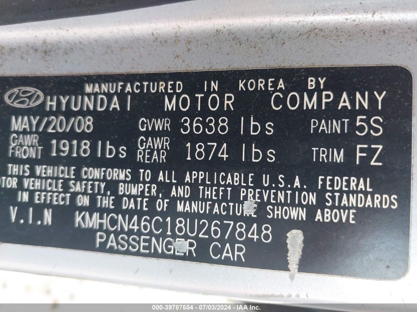 2008 Hyundai Accent Gls VIN: KMHCN46C18U267848 Lot: 39787654