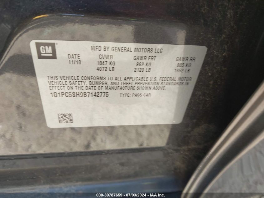 2011 Chevrolet Cruze Ls VIN: 1G1PC5SH9B7142775 Lot: 39787659