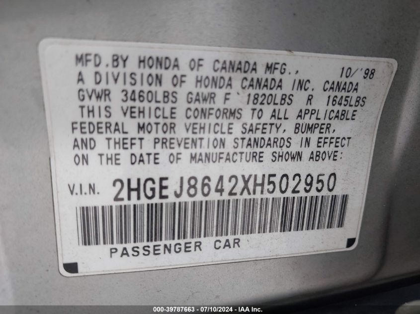 1999 Honda Civic Ex VIN: 2HGEJ8642XH502950 Lot: 39787663