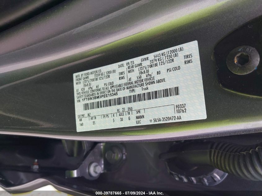 2023 Ford F350 Super Duty VIN: 1FT8W3BM3PEE15345 Lot: 39787665