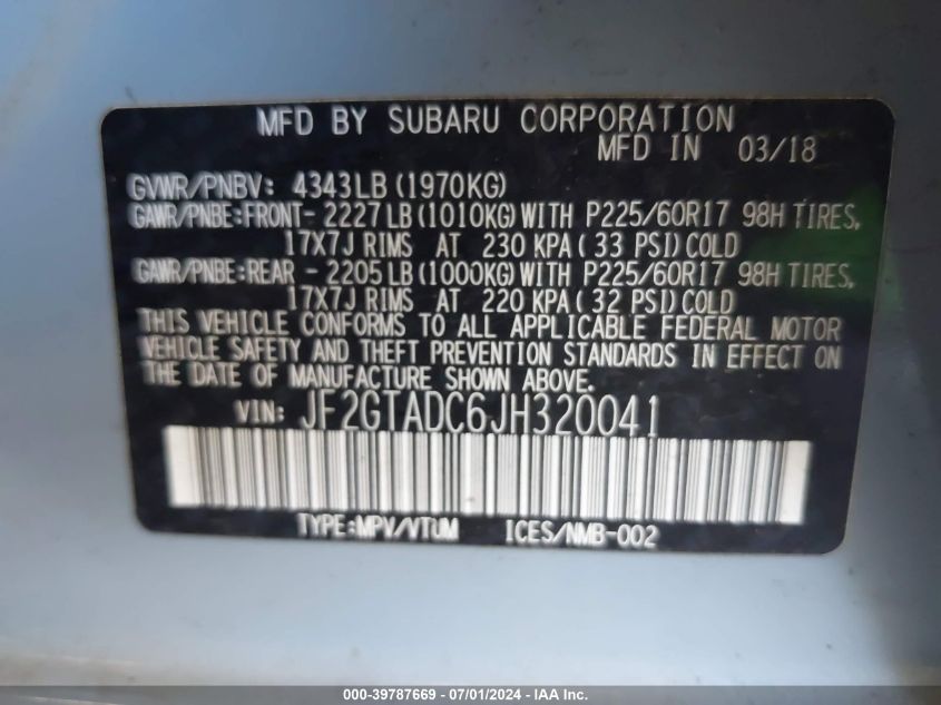 JF2GTADC6JH320041 2018 Subaru Crosstrek 2.0I Premium