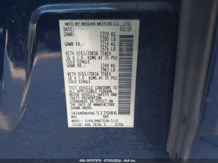 2010 Nissan Xterra S VIN: 5N1AN0NU4AC517086 Lot: 39787676