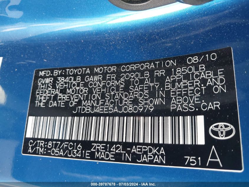 2010 Toyota Corolla Le VIN: JTDBU4EE5AJ080979 Lot: 39787678