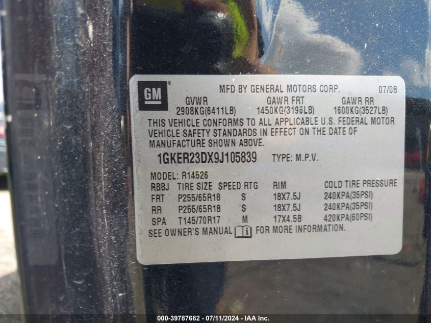2009 GMC Acadia Slt-1 VIN: 1GKER23DX9J105839 Lot: 39787682