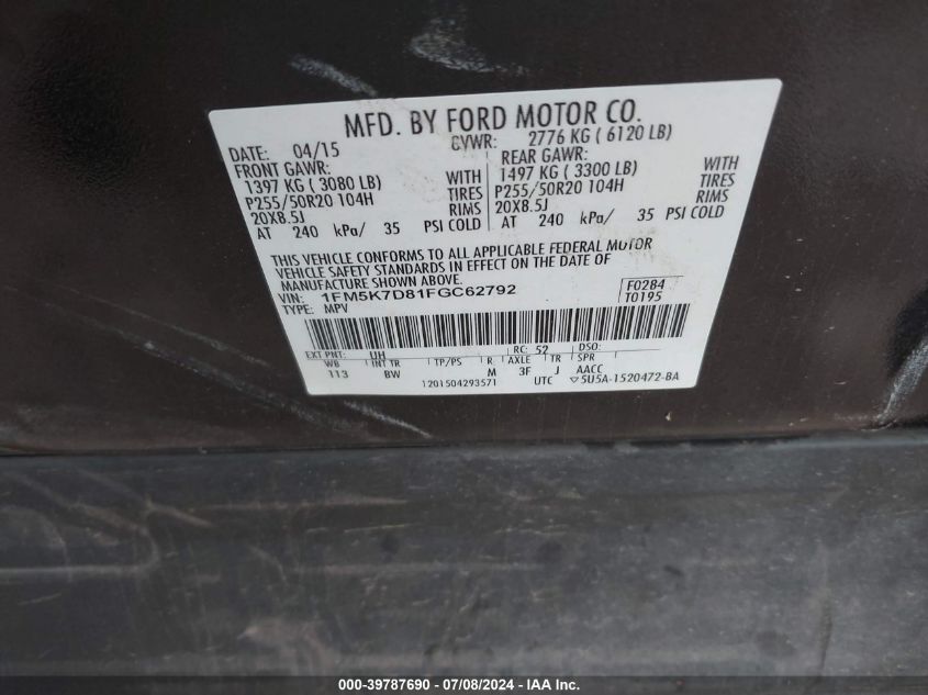 2015 Ford Explorer Xlt VIN: 1FM5K7D81FGC62792 Lot: 39787690