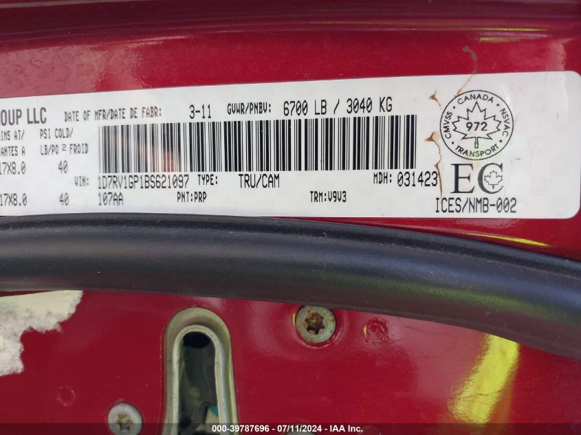 2011 Ram Ram 1500 St VIN: 1D7RV1GP1BS621097 Lot: 39787696