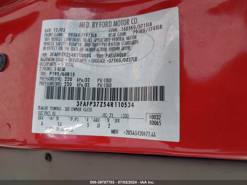 2004 Ford Focus Zx5 VIN: 3FAFP37Z54R110534 Lot: 39787703