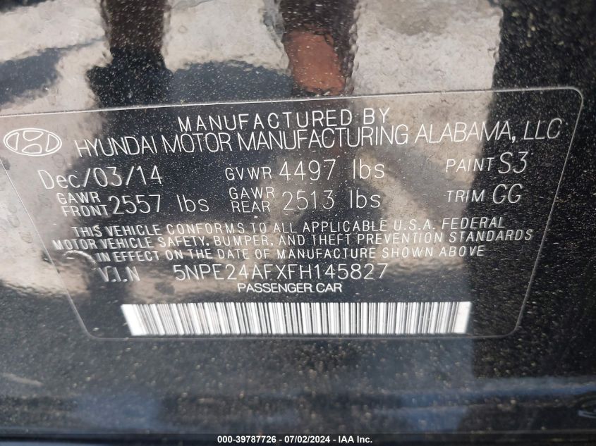 2015 Hyundai Sonata Se VIN: 5NPE24AFXFH145827 Lot: 39787726
