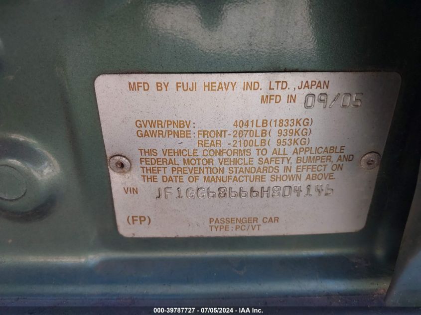 2006 Subaru Impreza Outback Sport VIN: JF1GG68666H804146 Lot: 39787727