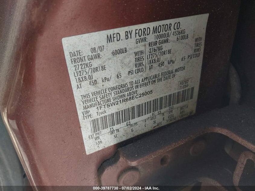 2008 Ford F-250 Fx4/Harley-Davidson/King Ranch/Lariat/Xl/Xlt VIN: 1FTSW21R68EC25005 Lot: 39787730