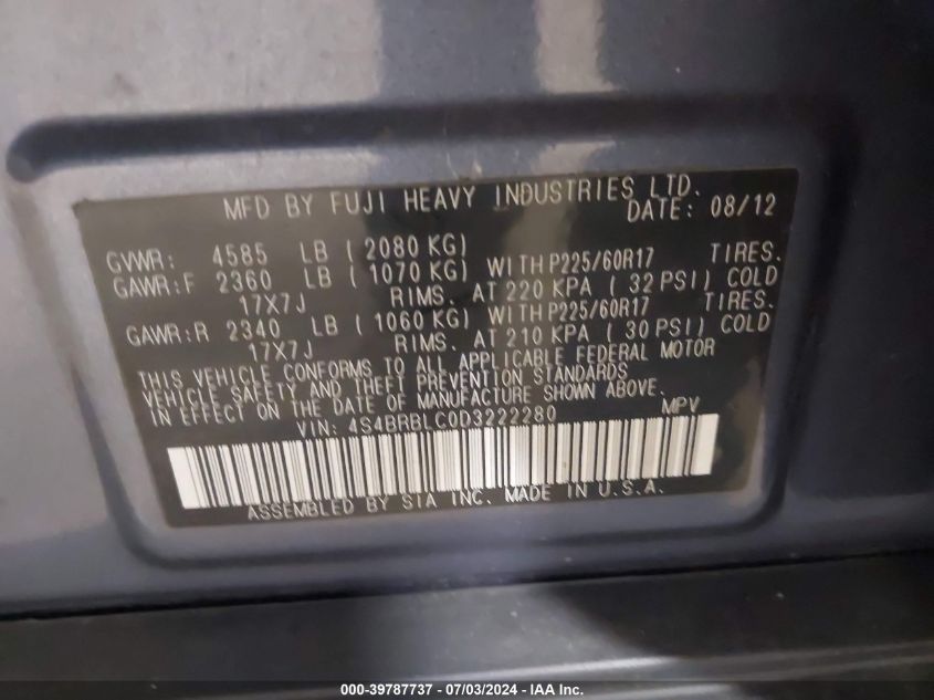 2013 Subaru Outback 2.5I Limited VIN: 4S4BRBLC0D3222280 Lot: 39787737