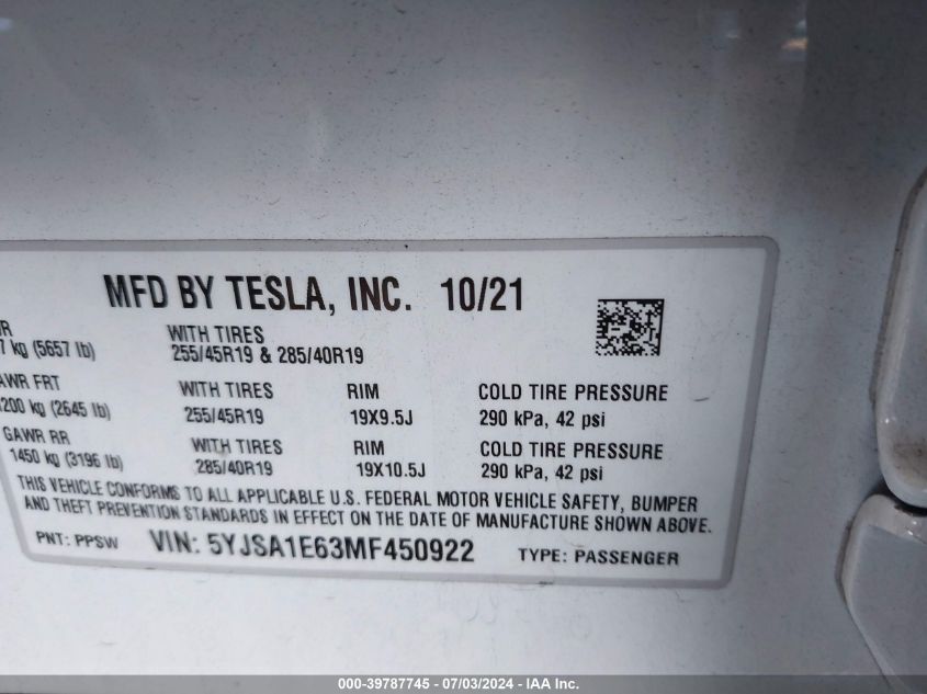 2021 Tesla Model S Plaid Tri Motor All-Wheel Drive VIN: 5YJSA1E63MF450922 Lot: 39787745