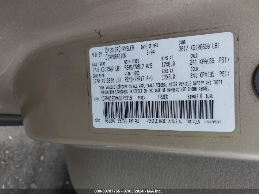 2004 Dodge Ram 1500 Slt/Laramie VIN: 1D7HU18D04S679319 Lot: 39787755