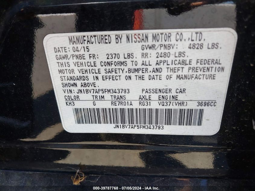 2015 Infiniti Q50 Sport VIN: JN1BV7AP5FM343793 Lot: 39787768