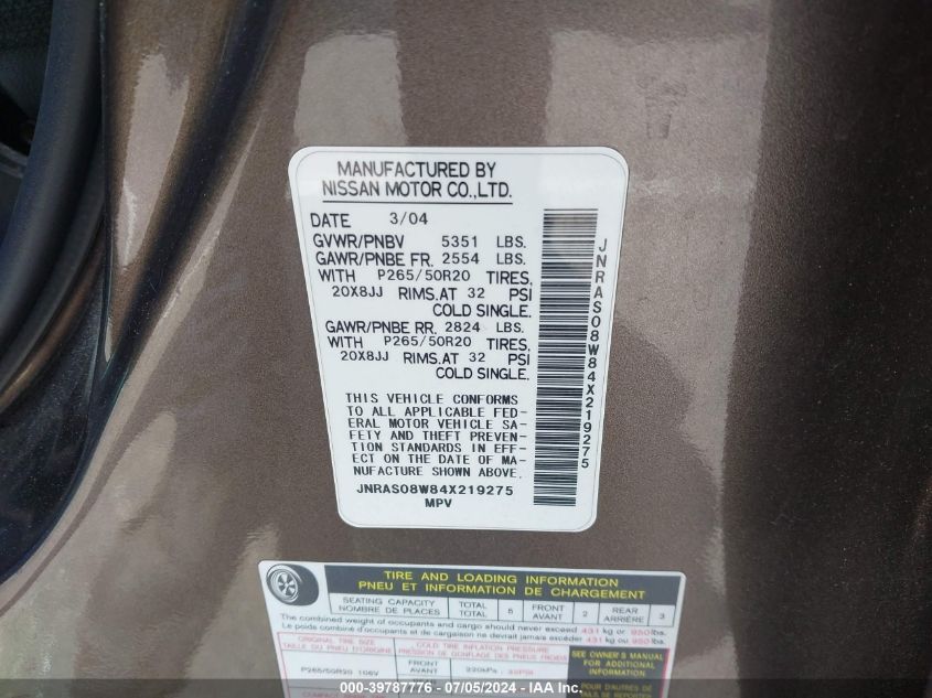 2004 Infiniti Fx35 VIN: JNRAS08W84X219275 Lot: 39787776