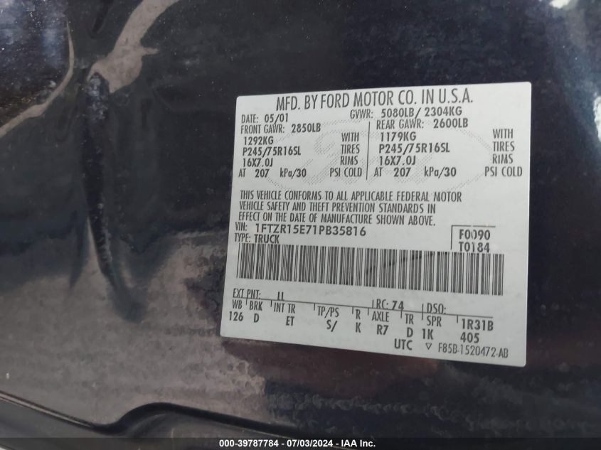 2001 Ford Ranger Edge/Xlt/Xlt Off-Rd VIN: 1FTZR15E71PB35816 Lot: 39787784