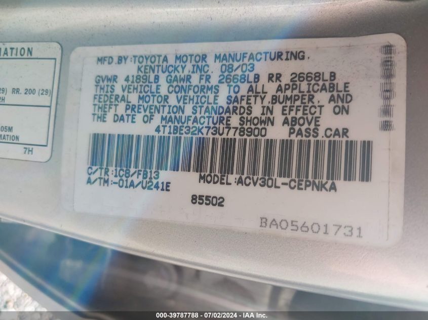 2003 Toyota Camry Le VIN: 4T1BE32K73U778900 Lot: 39787788