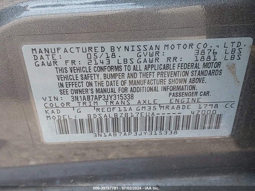 2018 Nissan Sentra S VIN: 3N1AB7AP3JY315338 Lot: 39787791