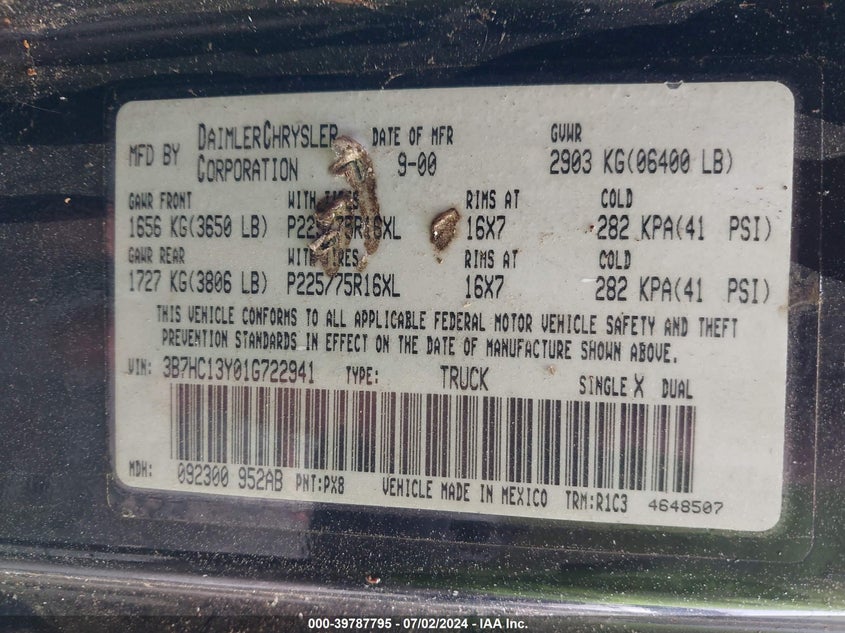 2001 Dodge Ram 1500 St VIN: 3B7HC13Y01G722941 Lot: 39787795