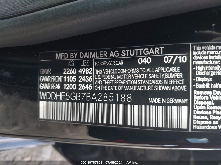2011 Mercedes-Benz E 350 VIN: WDDHF5GB7BA285188 Lot: 39787801