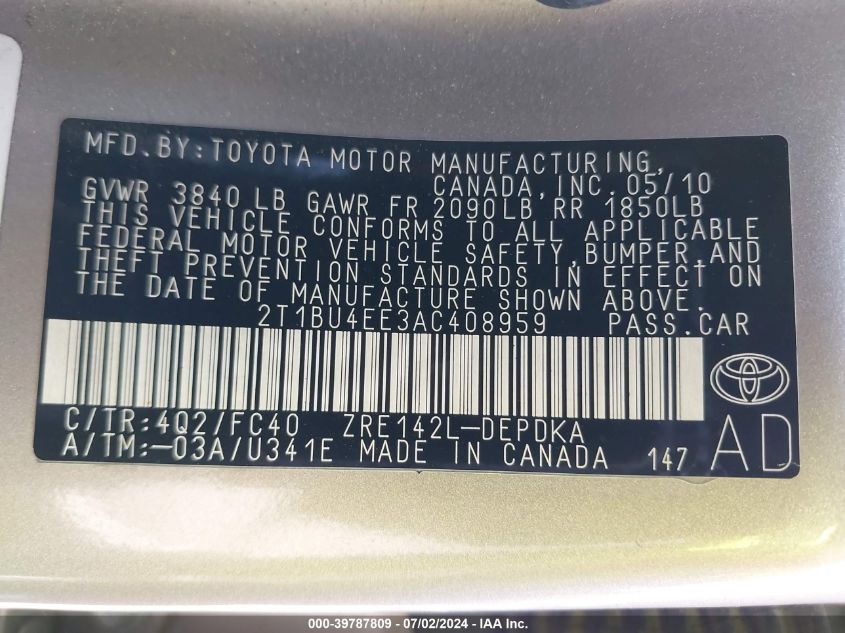 2010 Toyota Corolla Le VIN: 2T1BU4EE3AC408959 Lot: 39787809