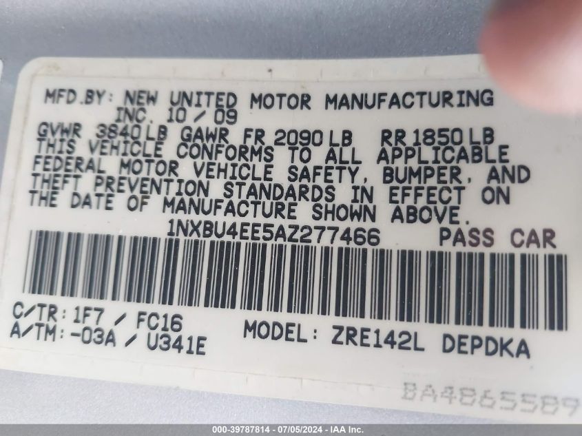 2010 Toyota Corolla Le VIN: 1NXBU4EE5AZ277466 Lot: 39787814