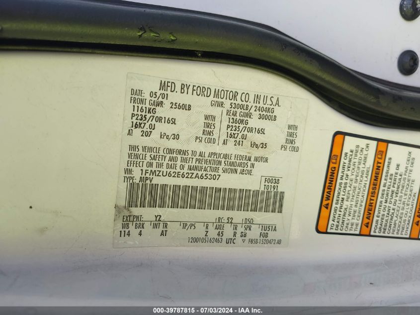 2002 Ford Explorer Xls VIN: 1FMZU62E62ZA65307 Lot: 39787815