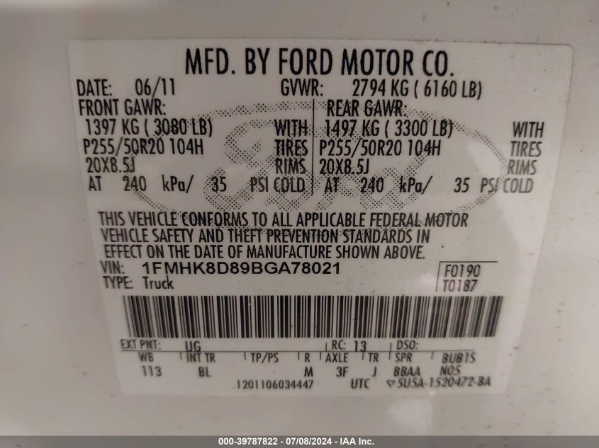 2011 Ford Explorer Xlt VIN: 1FMHK8D89BGA78021 Lot: 39787822