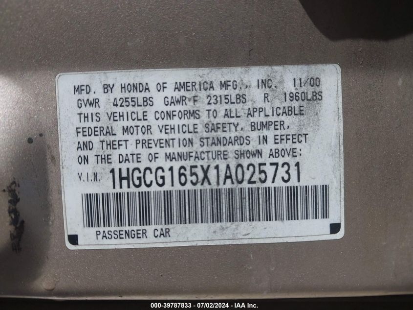 18GCG165X1A025731 2001 Honda Accord