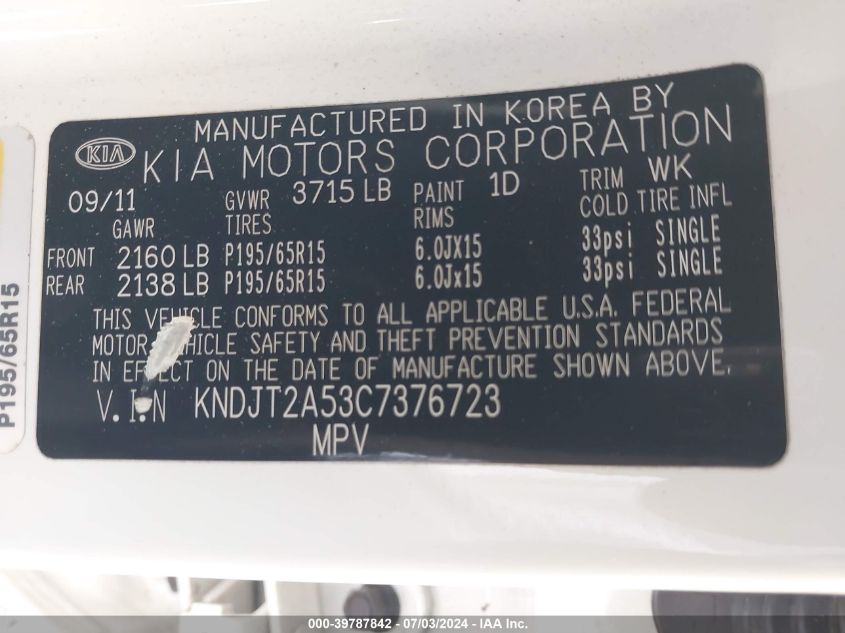 2012 Kia Soul VIN: KNDJT2A53C7376723 Lot: 39787842