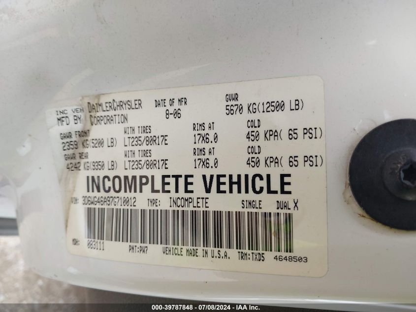 2007 Dodge Ram 3500 Hd Chassis St/Slt VIN: 3D6WG46A97G710012 Lot: 39787848