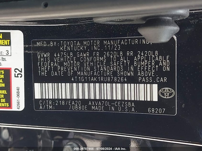 4T1G11AK1RU878264 2024 Toyota Camry Se