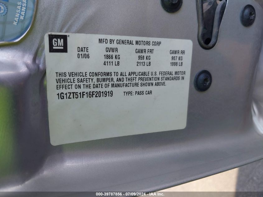 2006 Chevrolet Malibu Lt VIN: 1G1ZT51F16F201919 Lot: 39787856
