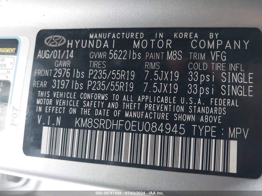 2014 Hyundai Santa Fe Limited VIN: KM8SRDHF0EU084945 Lot: 39787858