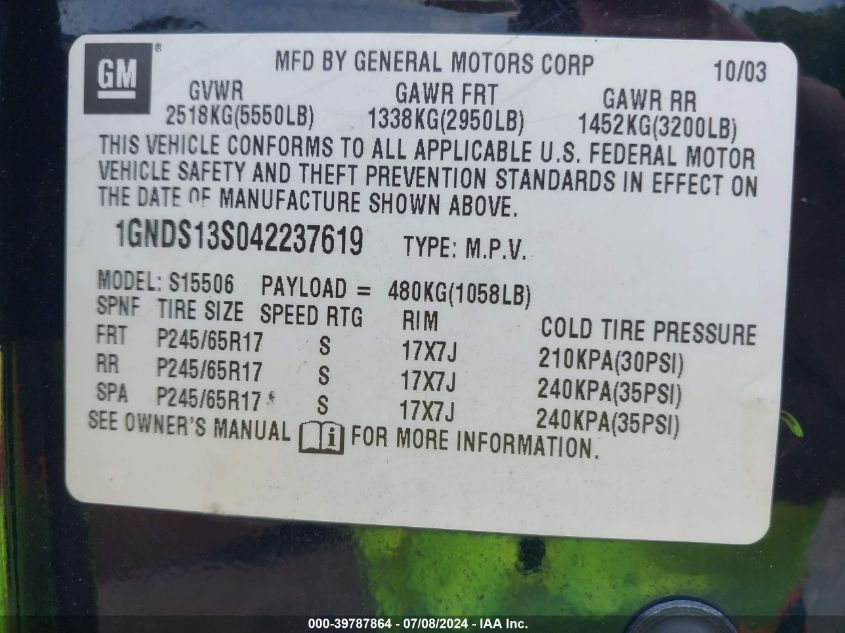 2004 Chevrolet Trailblazer Lt VIN: 1GNDS13S042237619 Lot: 39787864