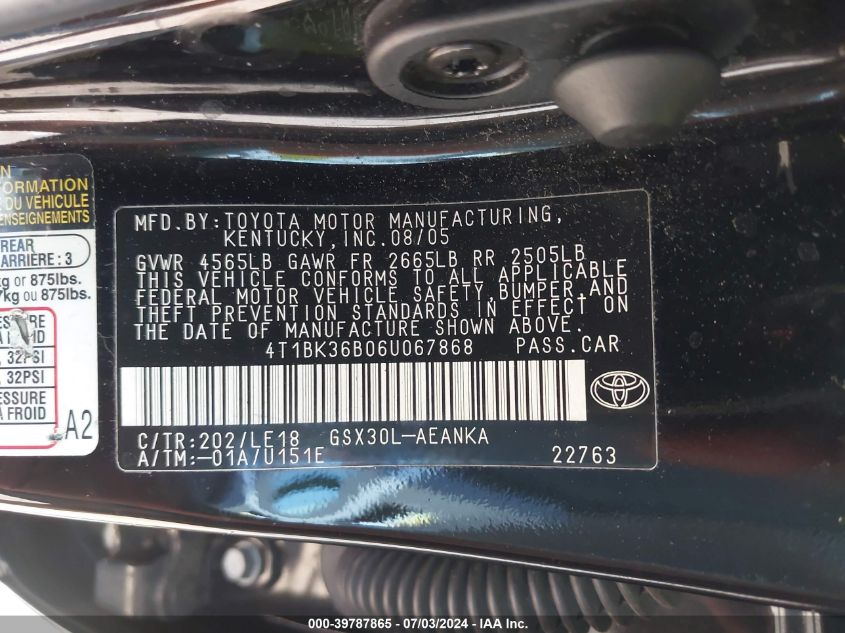 2006 Toyota Avalon Touring VIN: 4T1BK36B06U067868 Lot: 39787865