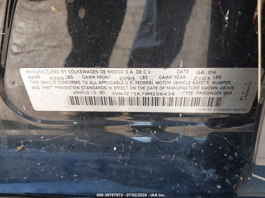 2009 Volkswagen Jetta S VIN: 3VWJZ71K79M156434 Lot: 39787873