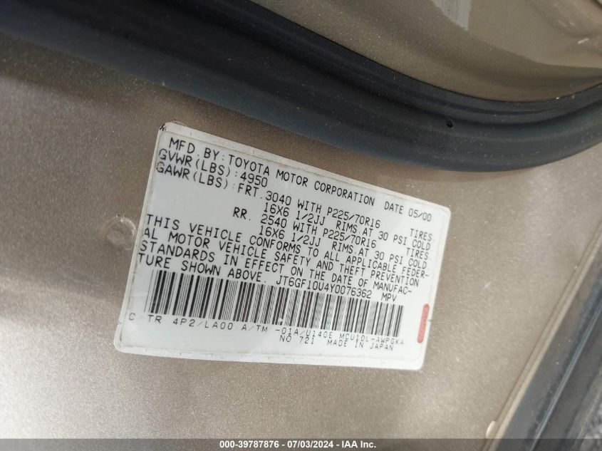 2000 Lexus Rx 300 VIN: JT6GF10U4Y0076362 Lot: 39787876