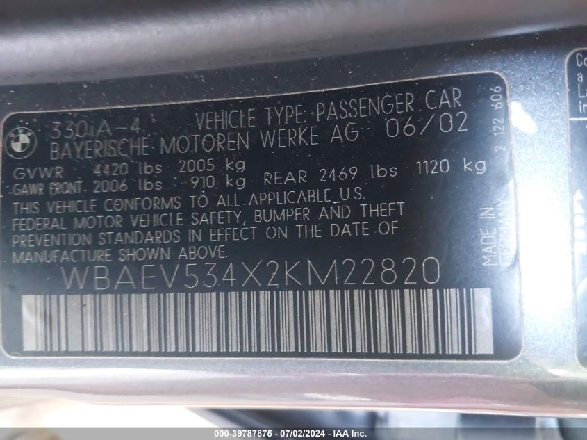 2002 BMW 330I VIN: WBAEV534X2KM22820 Lot: 39787875