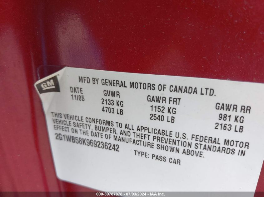 2006 Chevrolet Impala Ls VIN: 2G1WB58K969236242 Lot: 39787878