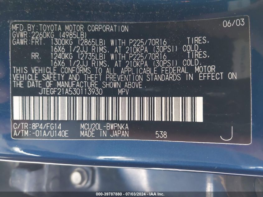 2003 Toyota Highlander Limited VIN: JTEGF21A530113930 Lot: 39787880