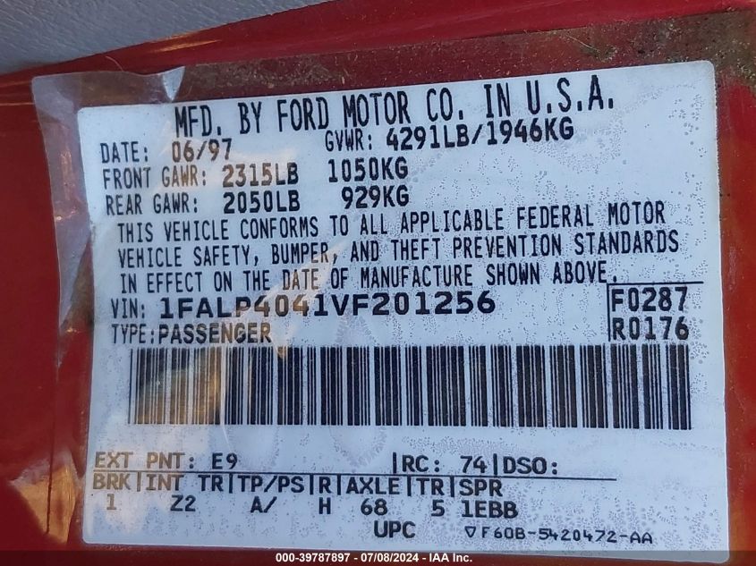 1997 Ford Mustang VIN: 1FALP4041VF201256 Lot: 39787897