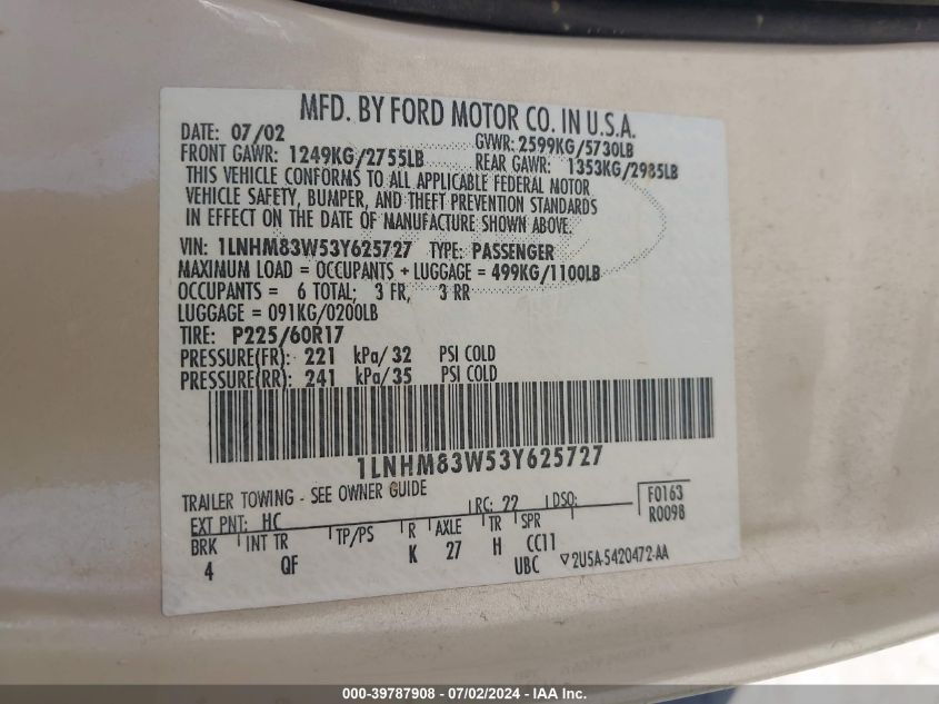 2003 Lincoln Town Car Cartier VIN: 1LNHM83W53Y625727 Lot: 39787908