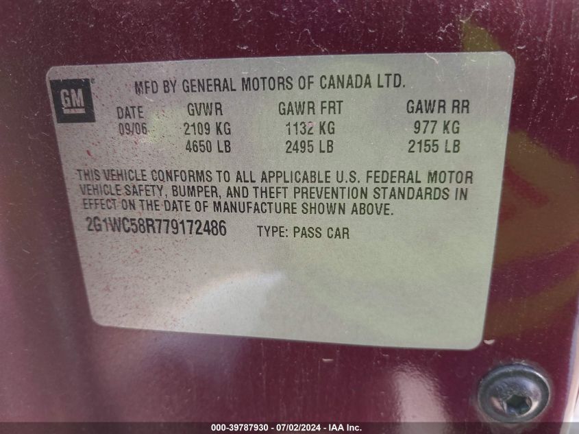 2007 Chevrolet Impala Lt VIN: 2G1WC58R779172486 Lot: 39787930